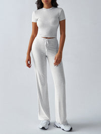 SpringSummer Elegant Solid Color Crew Neck Short Sleeve Top And Pants Set