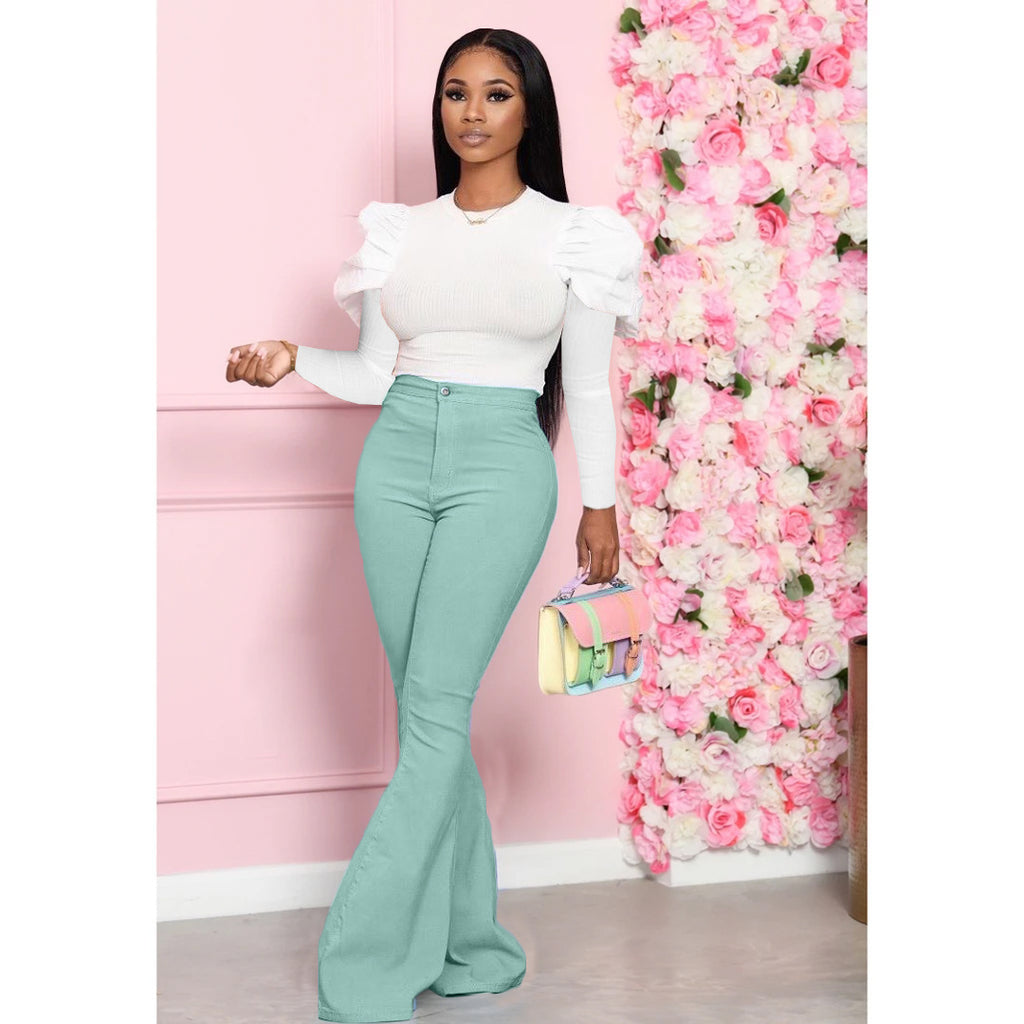 Solid Color Woven Bell-bottom Pants Suit