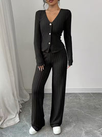 Casual Chic Ribbed Long Sleeve Wide Leg Pants Set