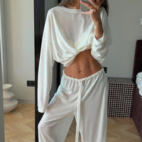 Womens Knitted Stretch Pajamas Loose Comfortable And Casuallong Sleeve Top And Long Pants For Lounging At Home