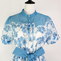 Single Breasted Bubble Sleeve Printed Lace Up Dress