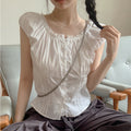 Womens Solid-Colored French Lace Single-Breasted Crew-Neck Puff-Sleeve Top