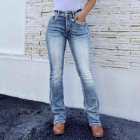 Retro Stretch Pocket Embroidery Patchwork Washed Denim Jeans