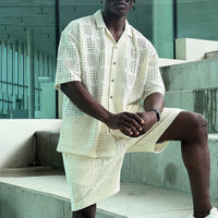 Mens Hollow-Out Lapel Button-Up Shirt And Loose Casual Shorts Set