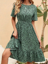 Womens Fashion Polka-Dot Crew-Neck Short-Sleeve Dress