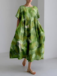 Womens 3D-printed Plus-size Loose-fit Short-sleeve Dress