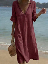 Loose-fitting Solid-color Cotton-Linen Lace V-neck Dress