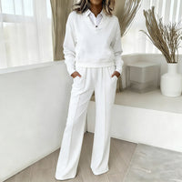 Casual Collar Long Sleeve Loose Top And Wide Leg Pants Two Piece Set