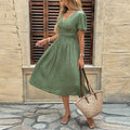 V-neck Pleated Buttoned Lantern-sleeve Dress