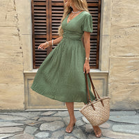 V-neck Pleated Buttoned Lantern-sleeve Dress