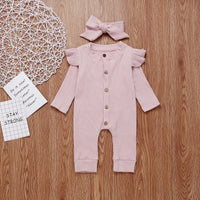 Solid Color Round Neck Long Sleeve Button Hair Band One-piece Romper