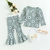 Girls' Small Sunflower Sunken Stripe Long Sleeve Round-neck Shirt Bell-bottom Pants Two-piece Set
