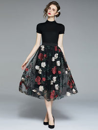Women's Vintage High-waisted Embroidered Peony Midi Skirt