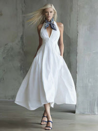 Womens Retro Sleeveless Tie-Waist A-Line Midi Dress With V-Neck