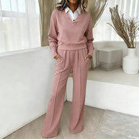 Casual Collar Long Sleeve Loose Top And Wide Leg Pants Two Piece Set