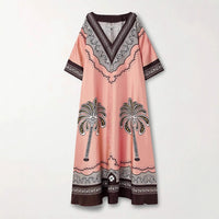 Casual Printed V-Neck Loose Satin Resort Dress