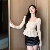 Pure Desire Apricot Hem Square Collar Long Sleeve Top