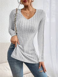 Women's Autumn Winter Coat V-neck Long Sleeve Sunken Stripe Brushed T-shirt