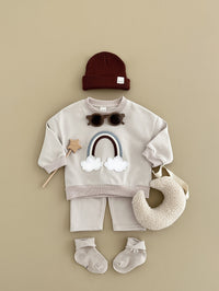 Baby Multi-color Rainbow Patchwork Cloud Embroidery Top And Pants Set