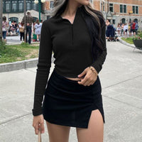 Women's Casual Solid Color Zipper Crop Slim Fit Top