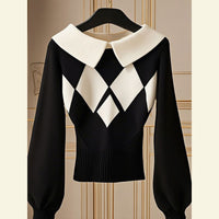 European Goods Western Style Unique Chic Niche Idle Style Black Diamond Plaid Sweater