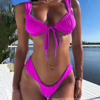 Lace-up Bikini Solid Color Split Women's Swimsuit