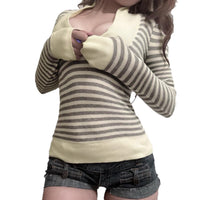 Design Sense V-neck Striped Slim-fit Long-sleeved Top