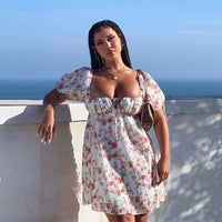 Fashionable Lace-Up Square-Neck Short-Sleeve Mid-Length Backless Dress