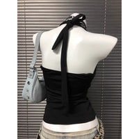 Niche Black V-Neck Embroidered Halter Backless Sophisticated Vintage Top