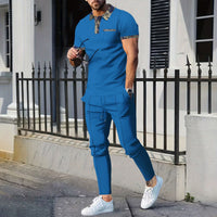 Men's Waffle Lapel Color Matching Pocket Short Sleeve Trousers Suit