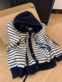 Hooded Color Buckle Knitted Cardigan Loose Western Style Striped Hooded Top