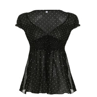 Womens Sheer Blouse With Polka-Dot Print And Ruched Waist Design
