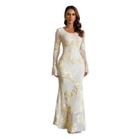 Elegant Flared-Sleeve Jacquard Slim-Fit Womens Dress
