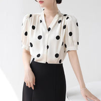French-style Retro Polka-Dot V-Neck Short-Sleeve Womens Shirt