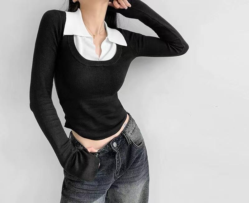 Women's Fashion Stitching Contrast Color Lapels Knitwear