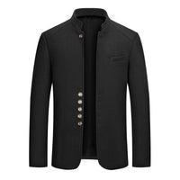 Mens Wool Tweed Zhongshan Suit With A Mandarin Collar For A Refined Tailored Look