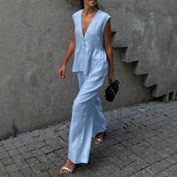 Womens Cotton V-Neck Sleeveless Vest And Wide-Leg Pants Set