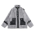 Pocket Color Contrast Patchwork Pu Lamb Wool Stand Collar Coat