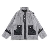 Pocket Color Contrast Patchwork Pu Lamb Wool Stand Collar Coat