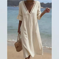 Loose-fitting Solid-color Cotton-Linen Lace V-neck Dress