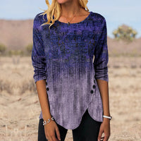 3D Digital Retro Printed Button Irregular Hem Round Neck Long Sleeve