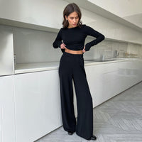Soft, Comfortable And Stretchy Two-piece Black Crew-neck Womens Loungewear Set