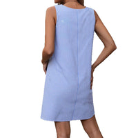 Striped Summer Crew-Neck Buttoned Suspender Pocket Casual Dress