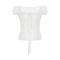 Womens French-style Puff-sleeve Figure-hugging Waist-cinching Blouse With A Tie