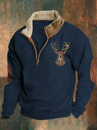 Printed Men's Long Sleeve Stand Collar Half Zip Sweater Neck Fleece-lined