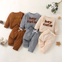 Waffle Solid Color Letter Long Sleeve Top Trousers Suit