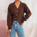 Commute Slim-fit Tight Waist Deep V-neck Metal Button Solid Color Knitted Cardigan Sweater