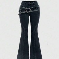 Punk-style Vintage Metal Heart-shaped Belt Frayed-edge Jeans