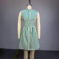 Striped Stand-up Collar Sleeveless Single-breasted Shirt Dress Short Skirt
