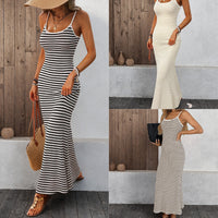 Fashionable Casual Striped Versatile Knitted Slip Dress Womens Wear